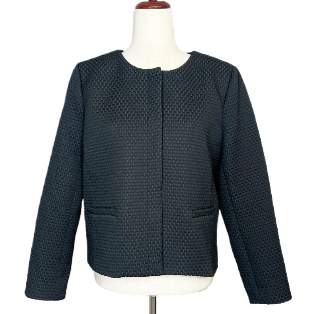 J.CREW Women Size 12 Black Matelasse Textured Collarless Portfolio Jacket Blazer